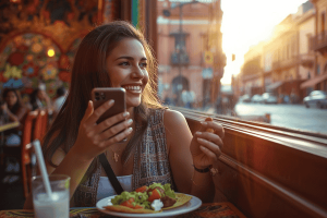 A traveler using a smartphone while enjoying street food in a vibrant Mexico City cafe, representing the ease of using an eSIM in Mexico