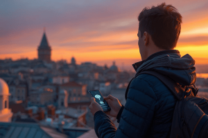 A traveler using a smartphone with an eSIM in Istanbul, Turkey, with the Galata Tower and a sunset sky in the background