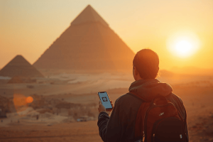 A traveler using a smartphone with the Great Pyramids of Giza in the background during a golden hour sunset