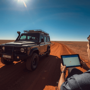 A traveler using a tablet for navigation in the Australian Outback, representing wide network coverage