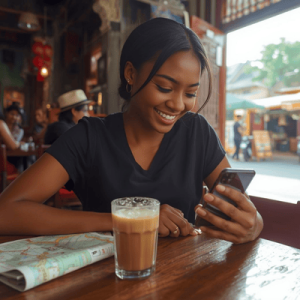 A traveler using her phone for navigation in a traditional Vietnamese coffee shop