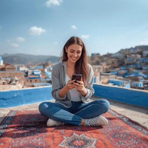 A traveler using her phone for navigation on a rooftop in Chefchaouen, Morocco, showing seamless connectivity