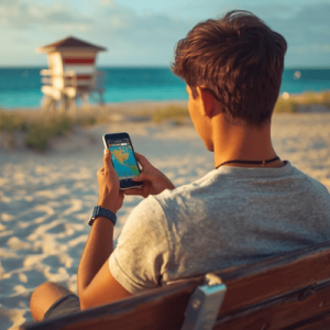 A traveler using high-speed eSIM data to navigate Miami Beach during sunset