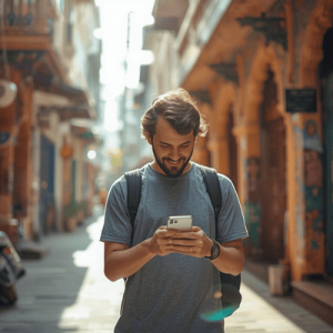 A traveler using mobile data to navigate the colorful streets of Singapore seamlessly