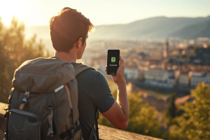 Backpacker holding a smartphone showing a successful eSIM phone plan activation with a scenic European city skyline in the background