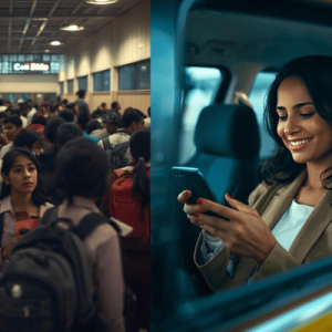 Comparison of a crowded physical SIM kiosk at an Indian airport versus the convenience of using an eSIM in a taxi