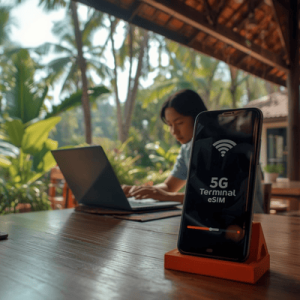 Digital nomad working at a tropical outdoor cafe with a 5G connected smartphone using an international eSIM