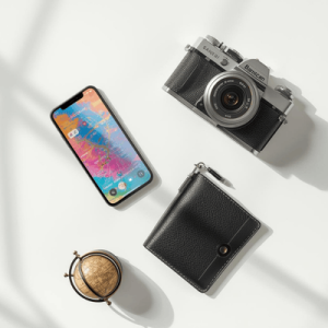 Modern travel essentials and a smartphone, highlighting the efficiency of choosing the right international phone plans