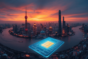 Panoramic view of the Shanghai skyline at sunset with a digital hologram of a smartphone and eSIM chip, representing travel connectivity in China