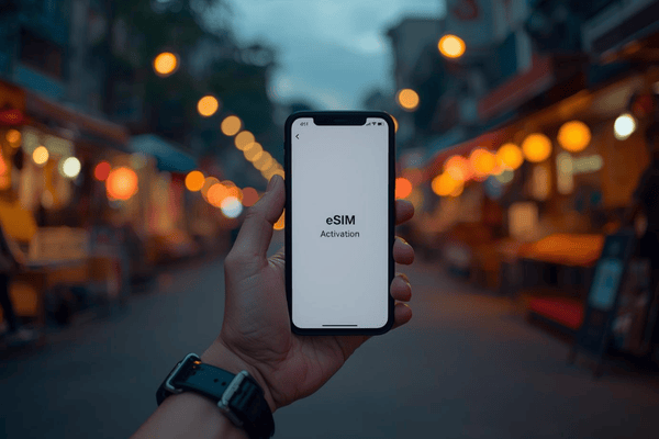 Person holding a smartphone with an eSIM activation screen in a busy, colorful Vietnam street market at sunset