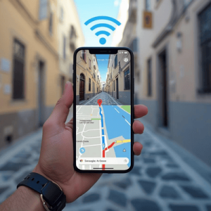 Person using a smartphone for navigation on a European street, powered by a high-speed eSIM phone plan