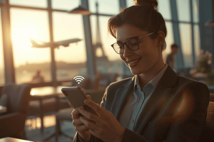 Professional traveler using a smartphone with seamless connectivity in a sunny airport lounge, symbolizing affordable international phone plans