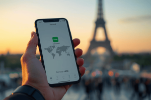 Smartphone displaying a successful eSIM connection with a blurred international city landmark in the background, symbolizing global travel connectivity
