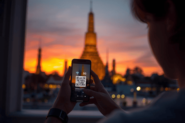 Traveler in front of Wat Arun temple in Bangkok using a smartphone with a 5G eSIM connection icon during sunset