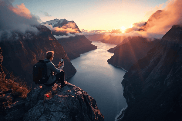 Traveler using a smartphone at Milford Sound; find the best eSIM for New Zealand for seamless road trips