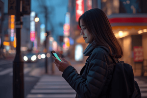 Traveler using a smartphone for navigation on a bright, neon-lit city street at night, symbolizing instant connectivity with an international eSIM
