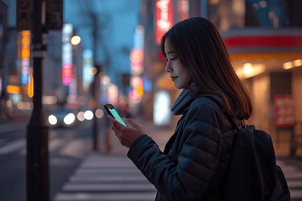 Traveler using a smartphone for navigation on a bright, neon-lit city street at night, symbolizing instant connectivity with an international eSIM