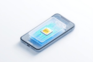 A 3D isometric view of a smartphone interior showing the embedded eSIM chip with glowing blue data circuits