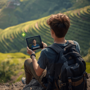A backpacker using a reliable eSIM Vietnam data connection in the rural mountains of Sapa