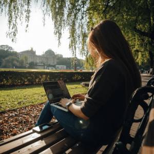 A digital nomad using high-speed data on a laptop and phone in Retiro Park, Madrid