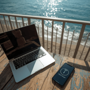 A digital nomad working from a balcony with a reliable international mobile plan connection overlooking the ocean