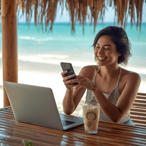 A digital nomad working remotely in Bali with a high-speed 5G connection on their smartphone