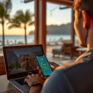 A digital nomad working remotely with a 5G connected smartphone powered by a prepaid eSIM