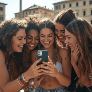 A group of students sharing data via a mobile hotspot while traveling in Europe
