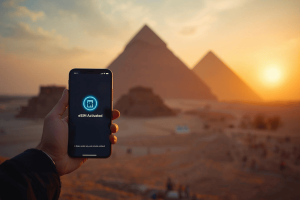 A hand holding a smartphone with an eSIM activation screen in front of the Pyramids of Giza at sunset