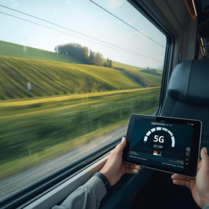 A passenger on a French TGV train using a high-speed 5G data connection on their mobile device while traveling through the countryside