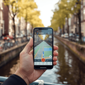 A person using digital maps on their phone to navigate the streets of Amsterdam