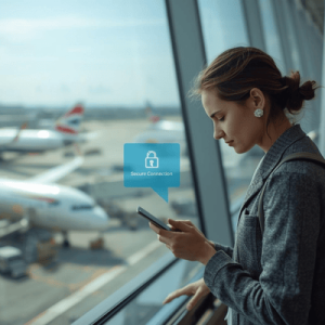 A relaxed traveler at an airport using a secure data connection on their phone, avoiding risky public Wi-Fi