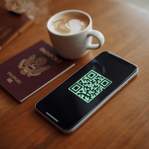 A smartphone scanning an eSIM QR code next to a passport, symbolizing the easy activation process for international travel