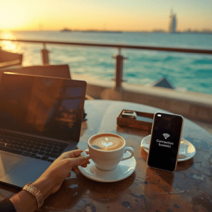A smartphone showing a successful internet connection at a seaside cafe on the Abu Dhabi Corniche
