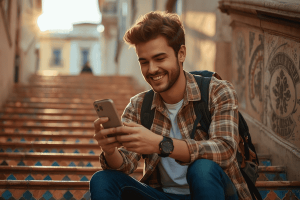 A student backpacker using an iPhone 16 Pro to navigate Lisbon, representing budget-friendly Europe eSIM plans for 2026