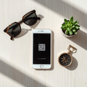 A top-down view of a smartphone scanning a QR code for eSIM installation on a cafe table with travel accessories