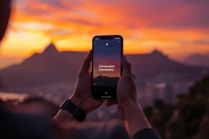 A traveler activating an eSIM on their smartphone with the scenic Table Mountain sunset in the background
