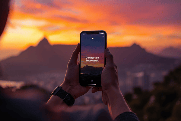 A traveler activating an eSIM on their smartphone with the scenic Table Mountain sunset in the background