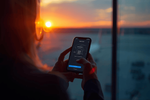 A traveler at an airport holding a smartphone with a digital eSIM activation screen and a global map background