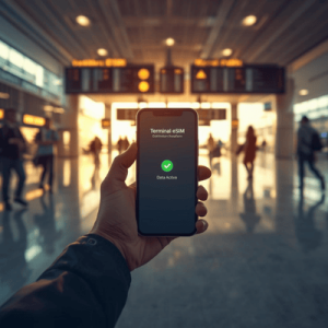 A traveler checking their active data connection on a smartphone in a busy airport terminal, showing the convenience of landing connected