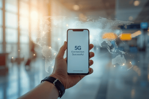 A traveler holding a smartphone showing a 5G connection screen with a digital world map background, representing global eSIM connectivity