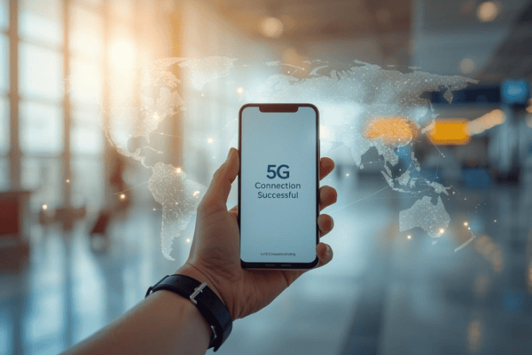 A traveler holding a smartphone showing a 5G connection screen with a digital world map background, representing global eSIM connectivity