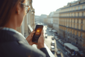 A traveler holding a smartphone with a digital eSIM activation screen overlooking a sunny European cityscape