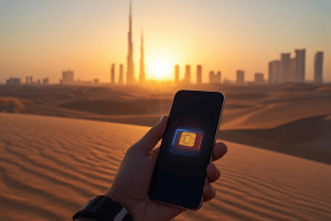 A traveler holding a smartphone with a digital eSIM icon against the sunset skyline of Abu Dhabi’s Etihad Towers