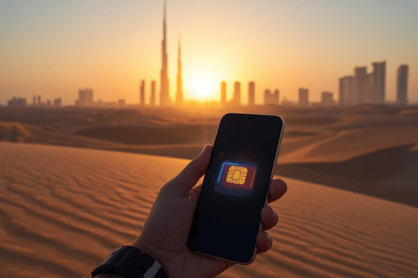 A traveler holding a smartphone with a digital eSIM icon against the sunset skyline of Abu Dhabi’s Etihad Towers