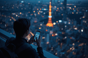 A traveler holding a smartphone with a glowing network map overlooking a lit-up Tokyo city skyline at dusk