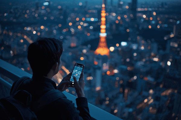 A traveler holding a smartphone with a glowing network map overlooking a lit-up Tokyo city skyline at dusk