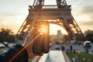 A traveler holding a smartphone with the Eiffel Tower in the blurred background during a golden hour sunset in Paris, France