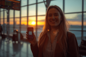 A traveler in a modern airport effortlessly activating an international mobile plan on their smartphone during sunset