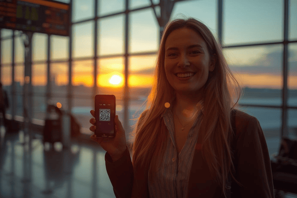 A traveler in a modern airport effortlessly activating an international mobile plan on their smartphone during sunset